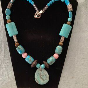 Huge Chunky Turquoise Slab Necklace Statement Boho Western Heart Clasp Gift